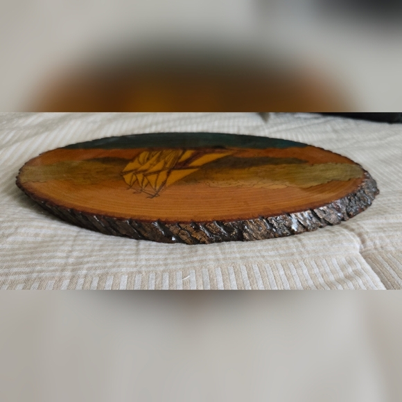 Vintage Handmade Nautical Wood Slice Etched Ship Art Wood Burning Ocean - Picture 6 of 10